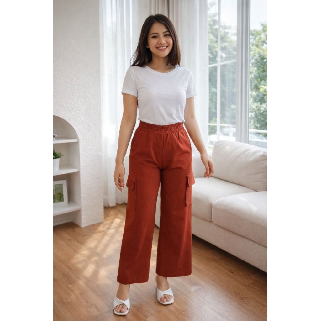 DEVA Kulot Cargo Wanita Panjang Highwaist / Celana Cargo Wanita Pinggang Full Karet Deva Ori / Kulot