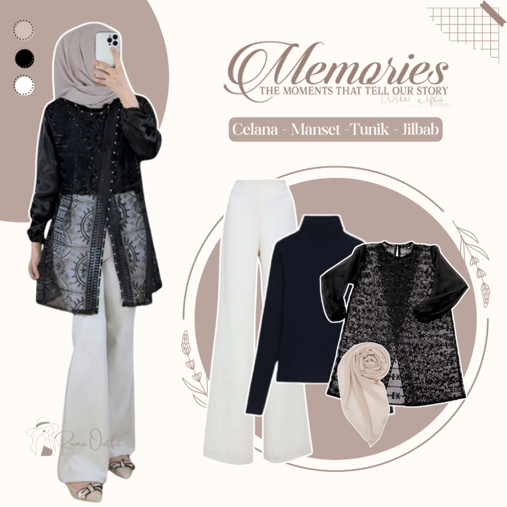 Setelan OOTD Lebaran Remaja (Tunik Brokat -Manset - Celana - Jilbab) Outfit Raya Terbaru RO215N