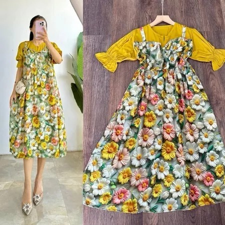 ZANIKA DRESS RAYON KOMBINASI LD 110 / DASTER RAYON / MISI RAYON MOTIF / MIDI RAYON WANITA KEKINIAN /