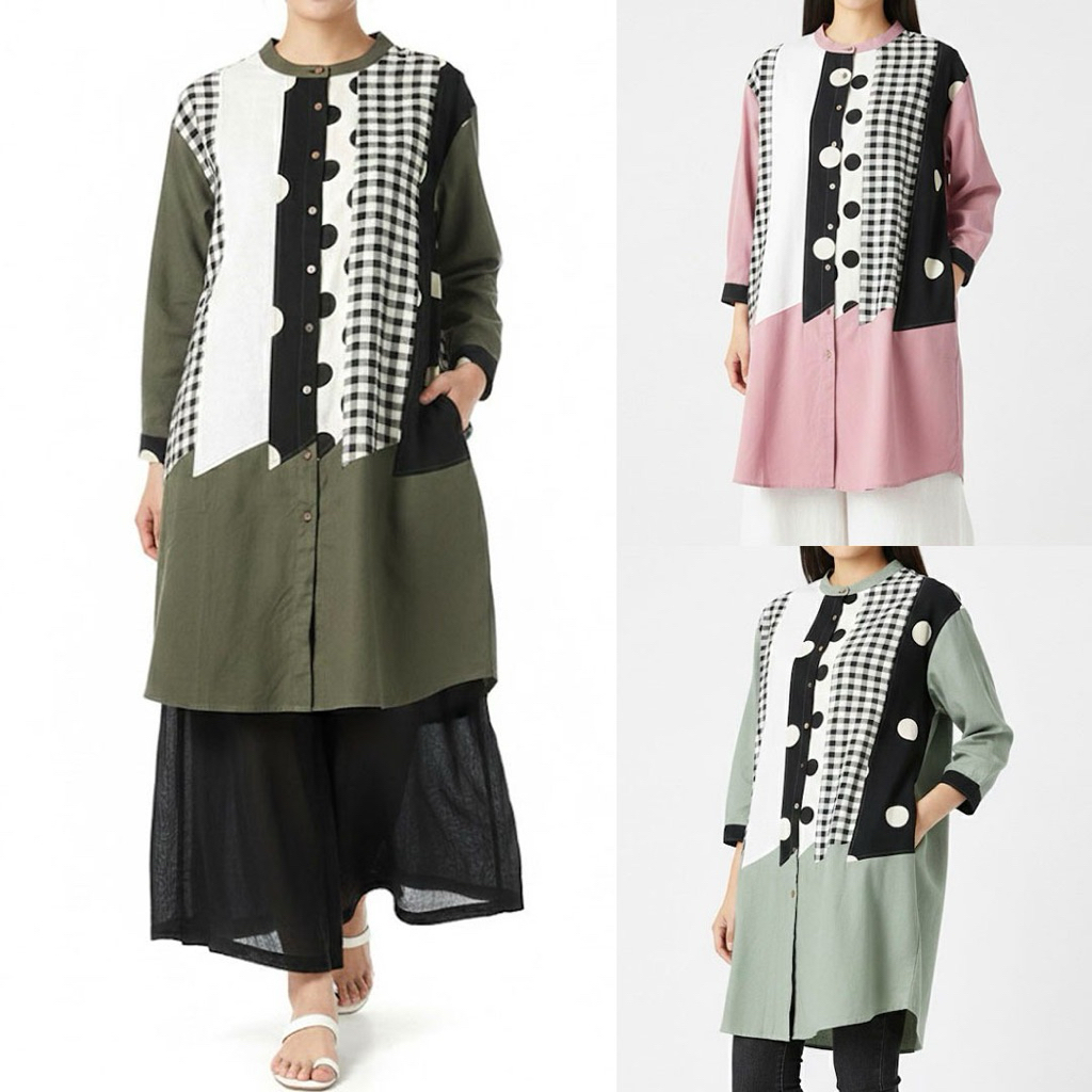 DRESS TUNIK LINEN OVERSIZE HIJAU PINK ABU PATCHWORK PANEL KOTAK POLKA DOT HITAM KOREA IMPORT
