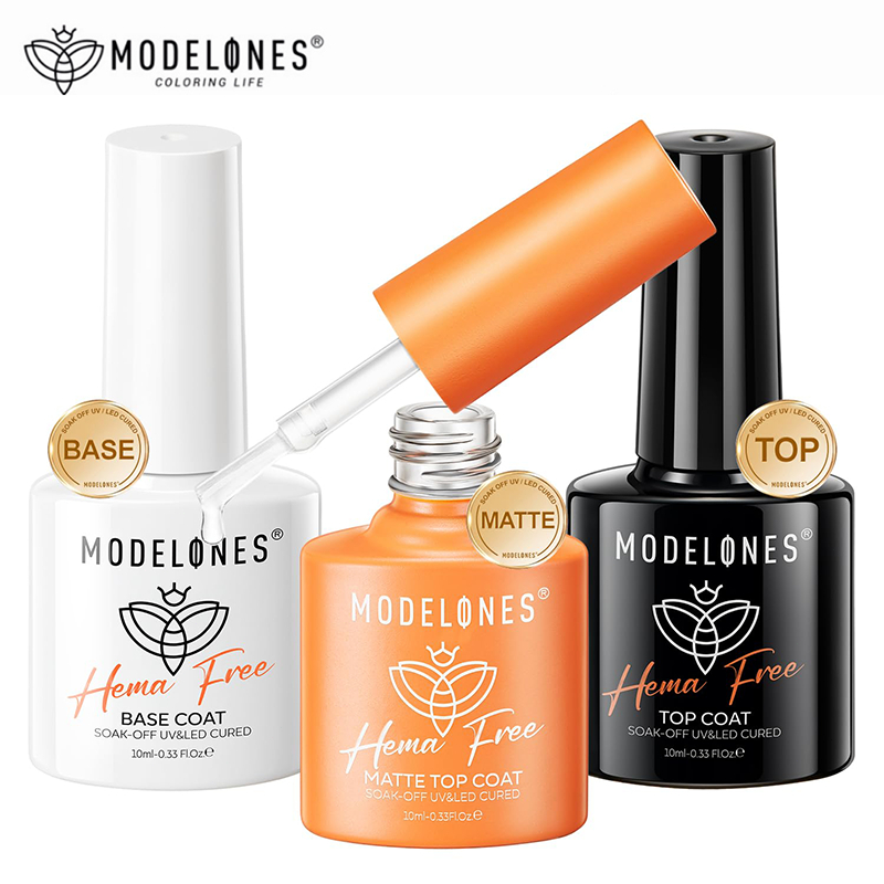 Modelones Hema-Free Gel Top and Base Coat Set, 3 Pcs Clear Glossy Velvet Matte Base Top Coat No Wipe