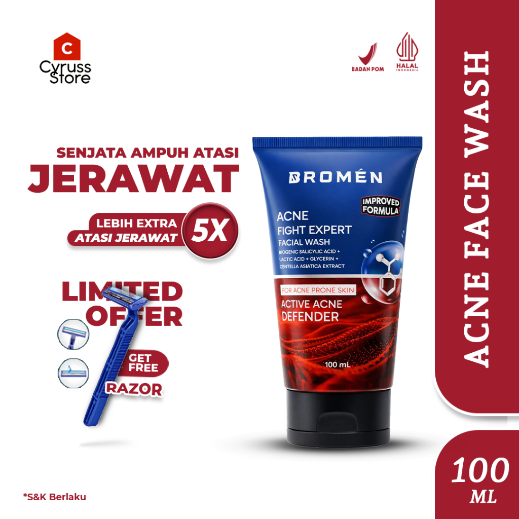 BROMEN ACNE FACIAL WASH - Sabun Cuci Muka Pria Penghilang Jerawat dan Bekas Jerawat