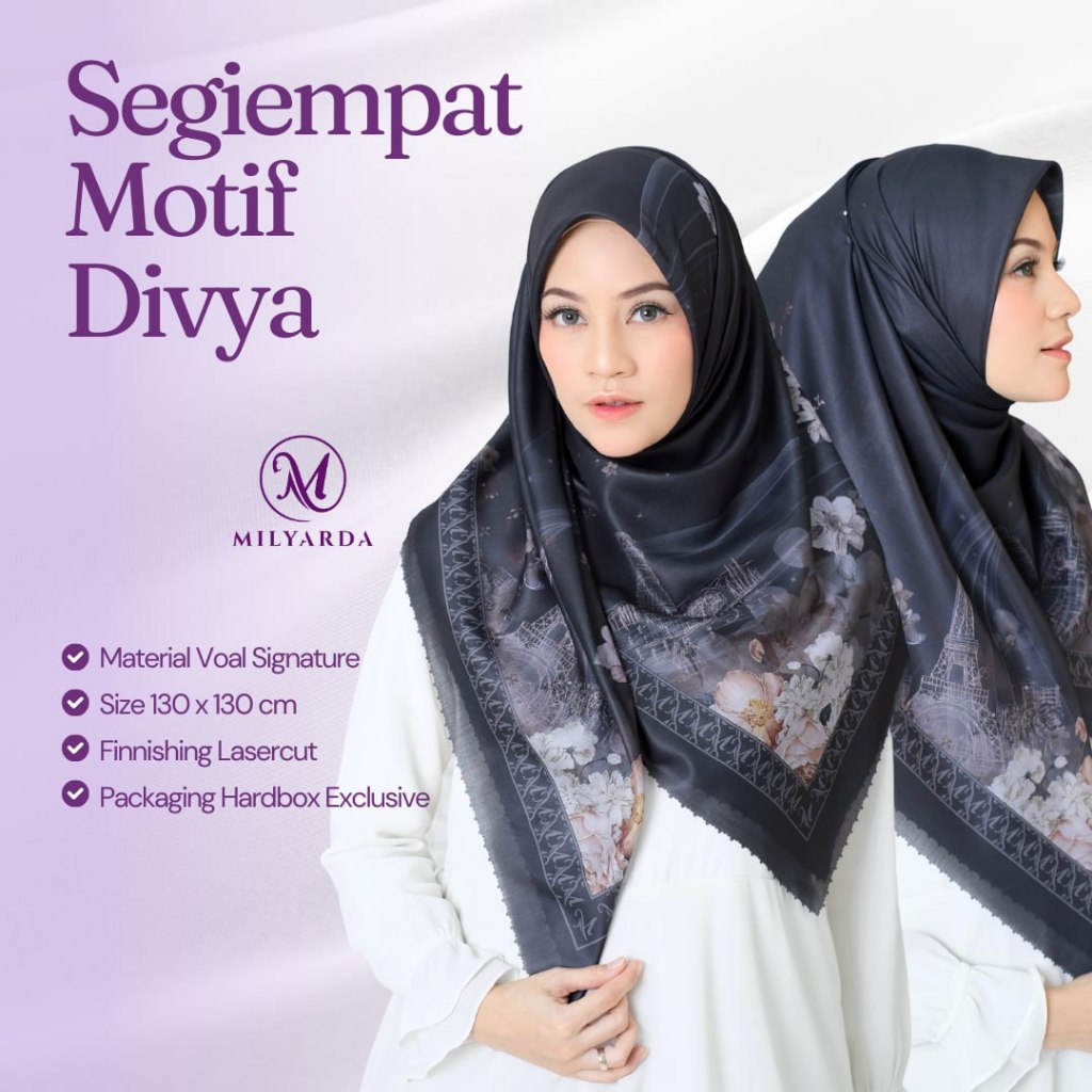 Milyarda Hijab Segiempat Motif Divya Segi Empat Voal Hard Box