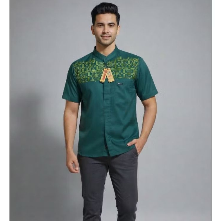 Baju Koko Pria Dewasa Koko Bapak Bordir Emerald Green Lengan Pendek