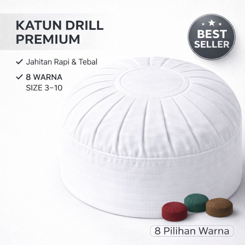 Peci Rempel Dewasa Katun Drill Premium Putih Polos Size 3–10 Kopiah Sunnah Pria