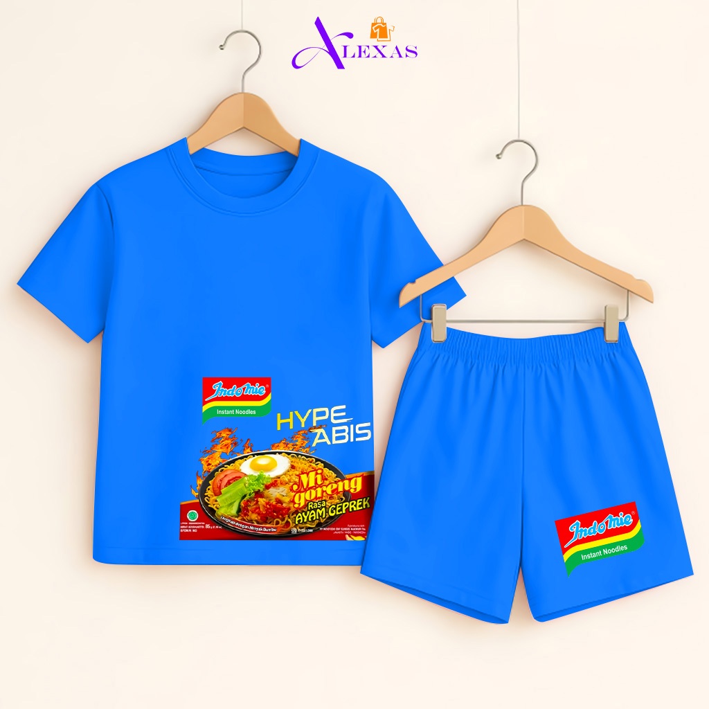 Setelan Baju Anak Laki Laki Lengan Pendek Gambar Indomie Rasa Ayam Geprek Umur 1-10 Tahun