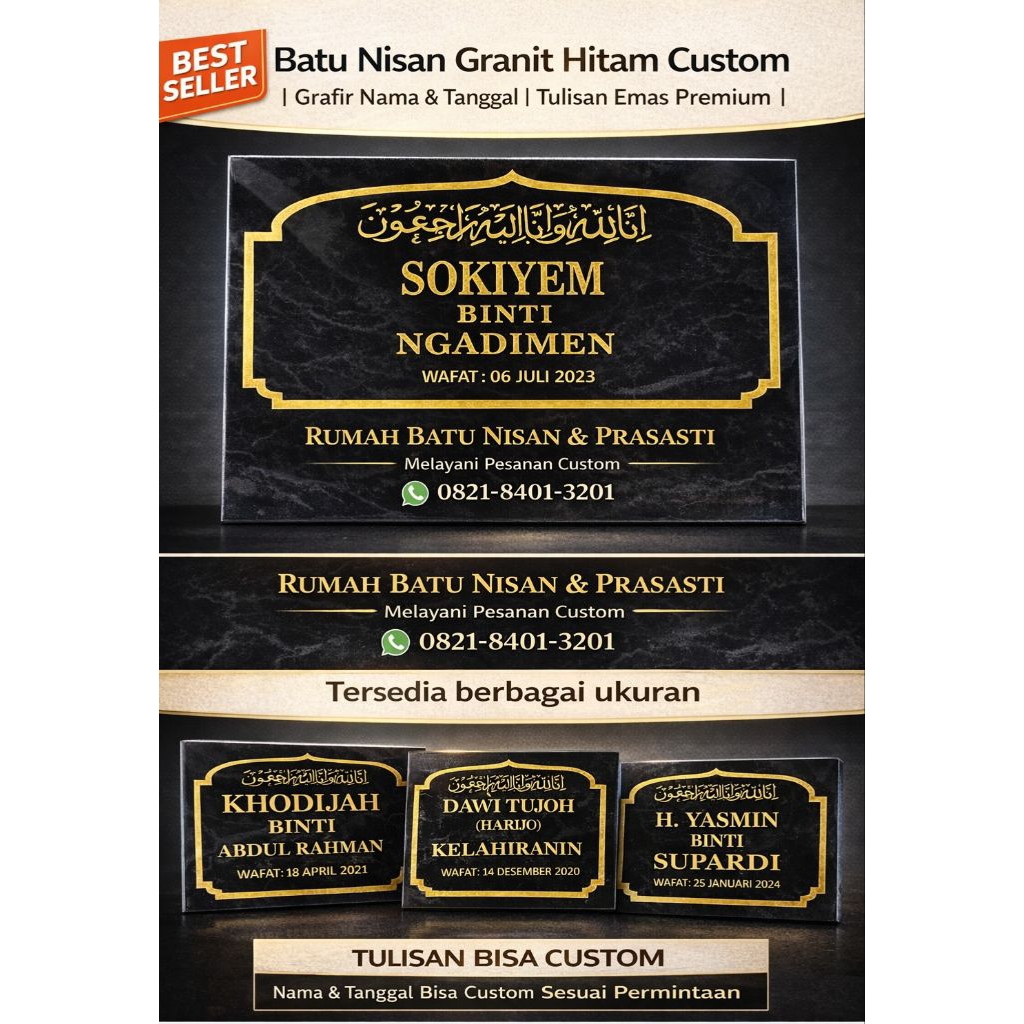 Batu Nisan Granit Hitam Custom | Grafir Nama & Tanggal | Tulisan Emas