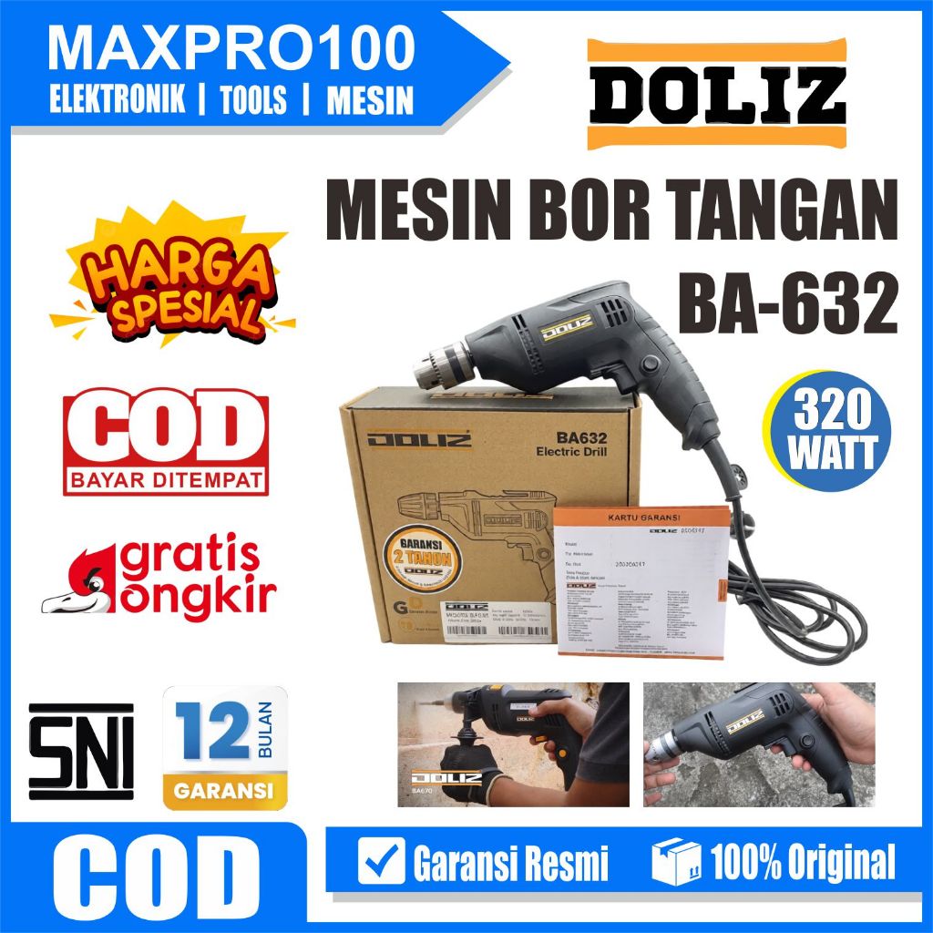 DOLIZ BA632 Mesin Bor Besi 10 mm Reversible - Hand Drill Tangan / Bor Doliz 10 mm Bandung