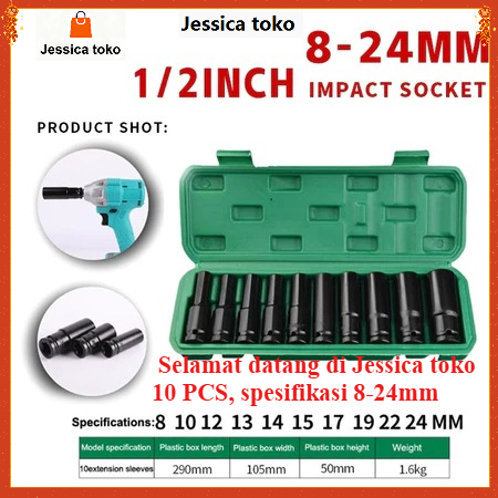 Super Set 10 Pcs Mata Socket Impact 1/2 Inci Ukuran 8-24mm – Set Impact Socket