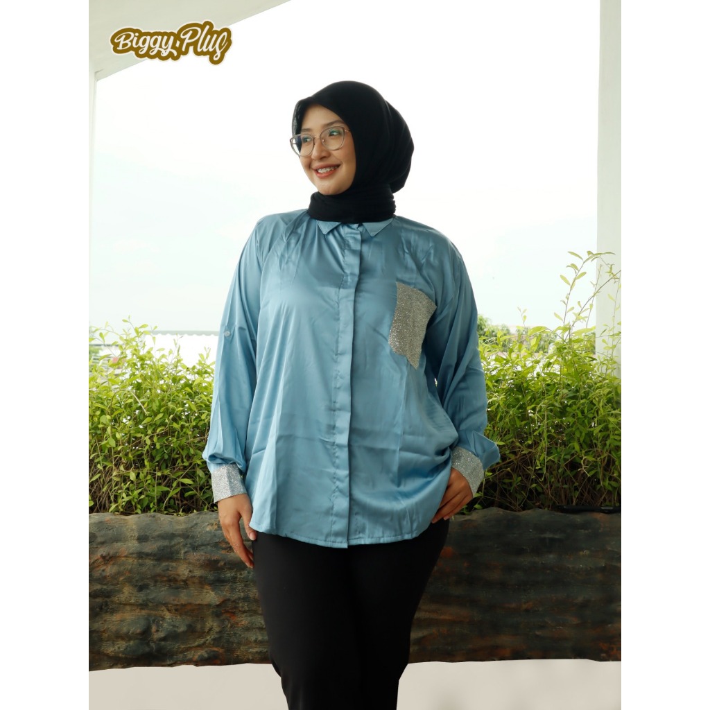 BIGGYPLUS - Kemeja Polos Wanita Bigsize Blouse Bahan Saten Satin Premium Atasan Oversize LD 120 130 