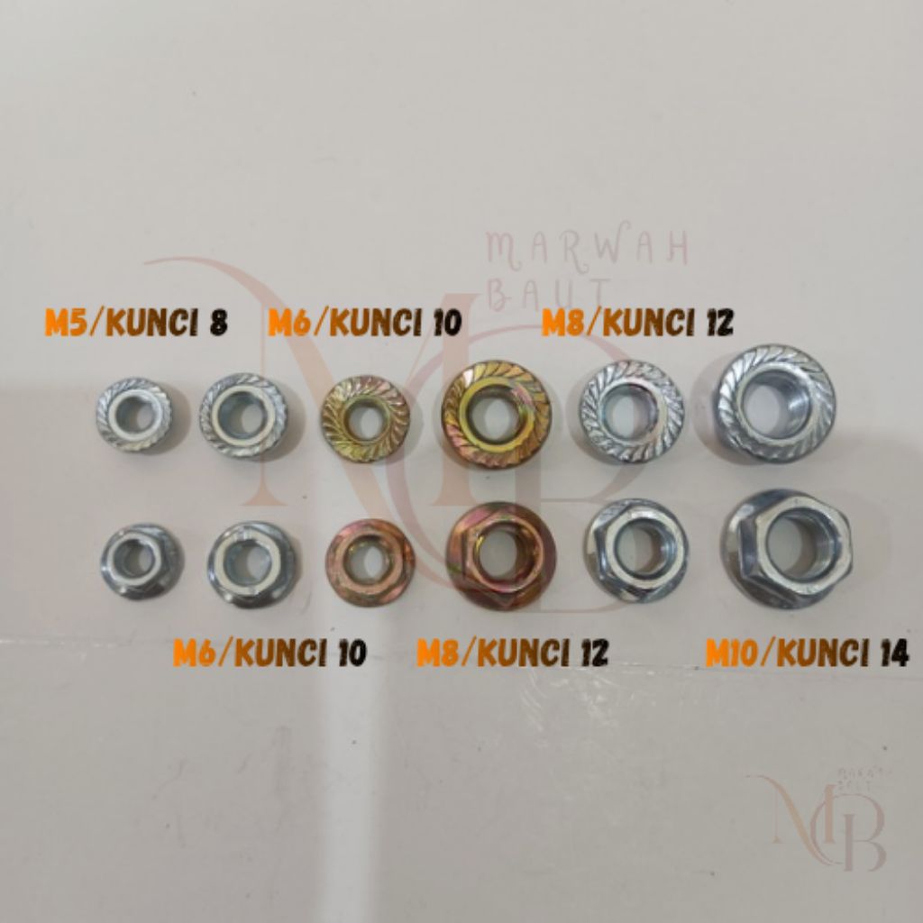 Mur Topi / Mur Flange Nut M5/M6/M8/M10 Kunci 8/10/12/14 Kuning/Putih (Harga Paket 100Pcs)