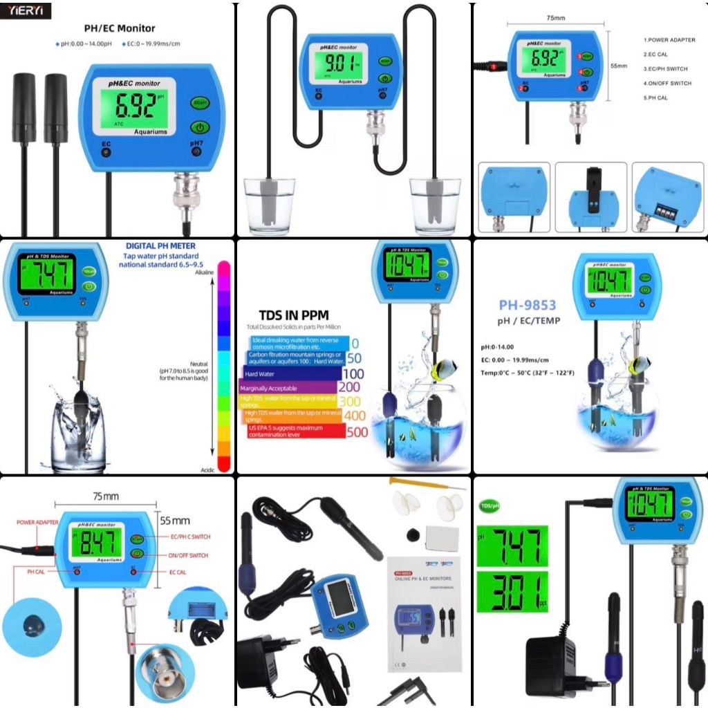 Alat Ukur pH EC TDS Air Water Quality Monitor 2 In 1 Digital Online Meter PH/TDS-9851 PH/EC-9853