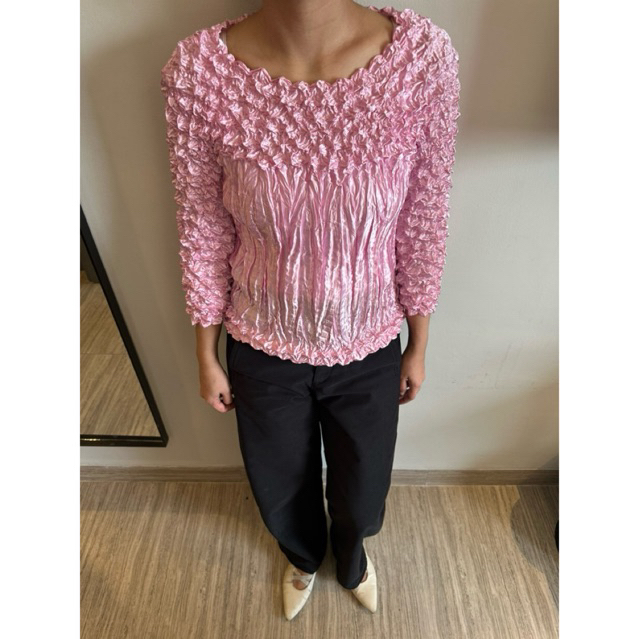 Pink Popcorn Bubble Shirt Y2K 90s Stretch Crinkle Pleats Top Y2K Pleated Top Retro Bubble Scrunchie 