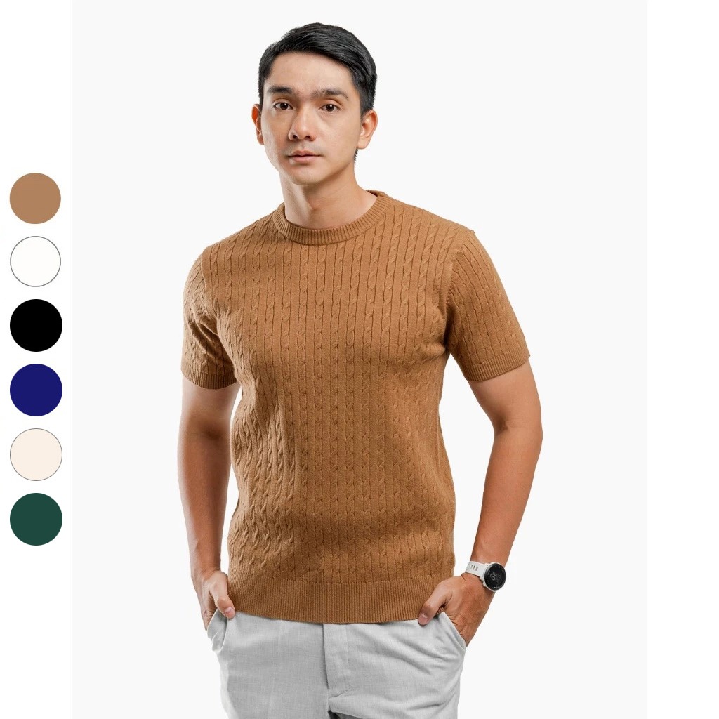 Gomuda Sweater Rajut Pria Viscose Cable Crewneck Short Sleeve Knitwear