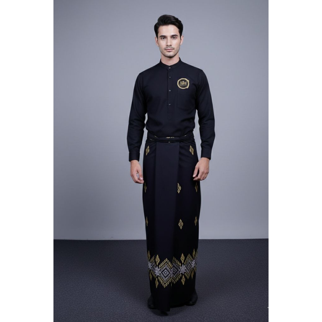 Wadimor Hitam dan Sarung alfaz Hitam-Sarung Wadimor Bordir Motif Bali Mas / Gold dan Sarung santri K