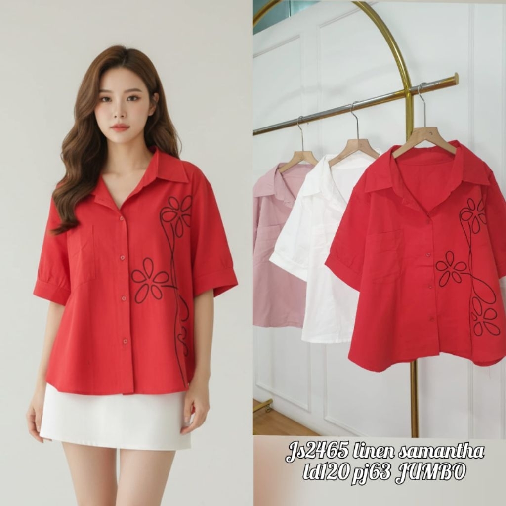 V2 Kemeja Linen bordir//Atasan jumbo wanita//Baju kerja wanita