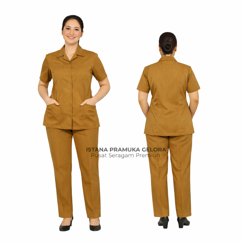 (PREMIUM) Seragam Baju Cokelat Khaki PNS Lengan Pendek Dan Celana Panjang Wanita Perempuan Guru Dewa