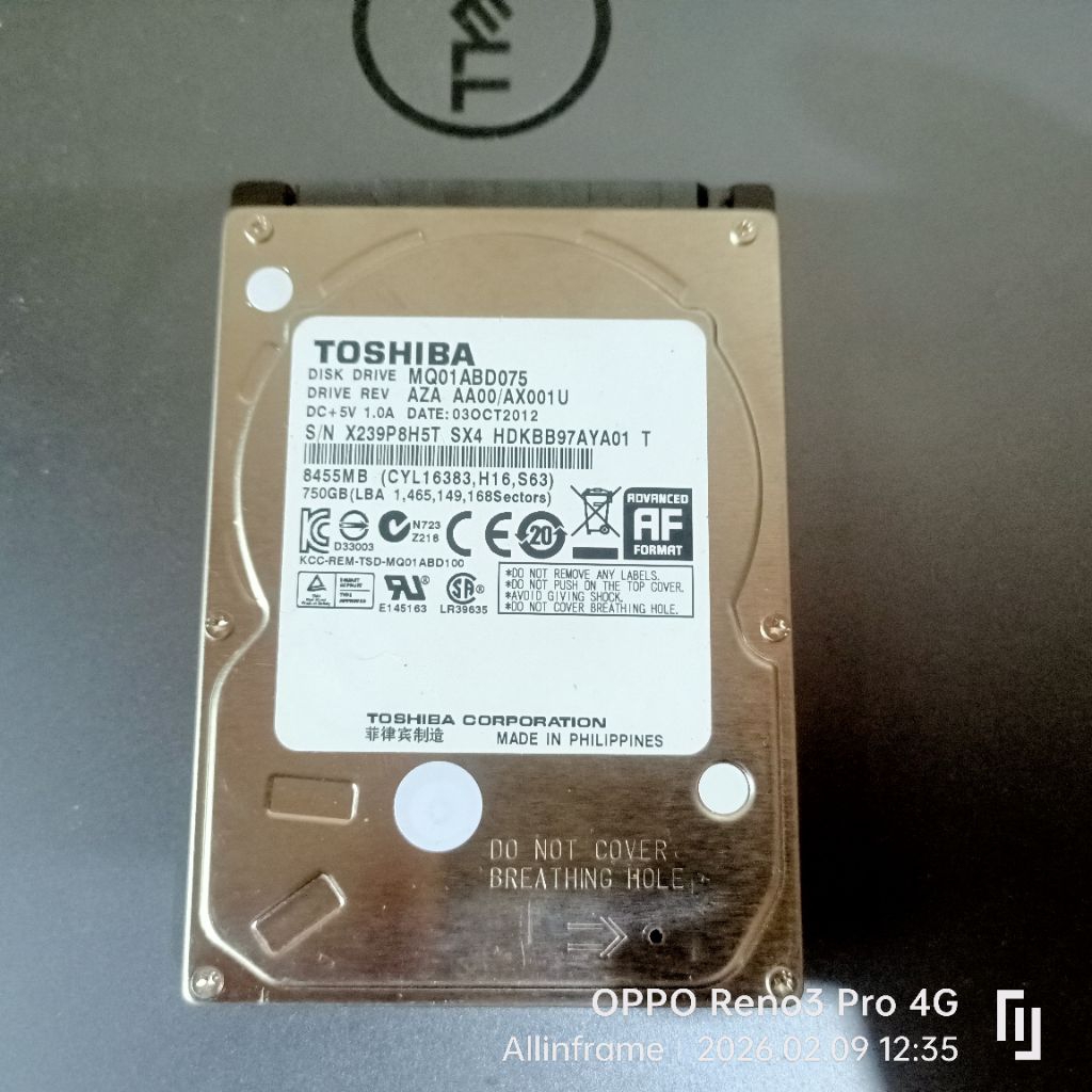 Hardisk TOSHIBA. MQ01ABD075. S/N 92D7PE0GT. 8455 MB. 750 GB (LBA 976,773,168Sectors)
