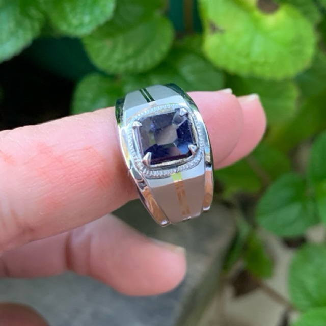 Cincin Natural Royal Blue Safir Memo Ring Monel Handmade Doff Baja Putih Size 9