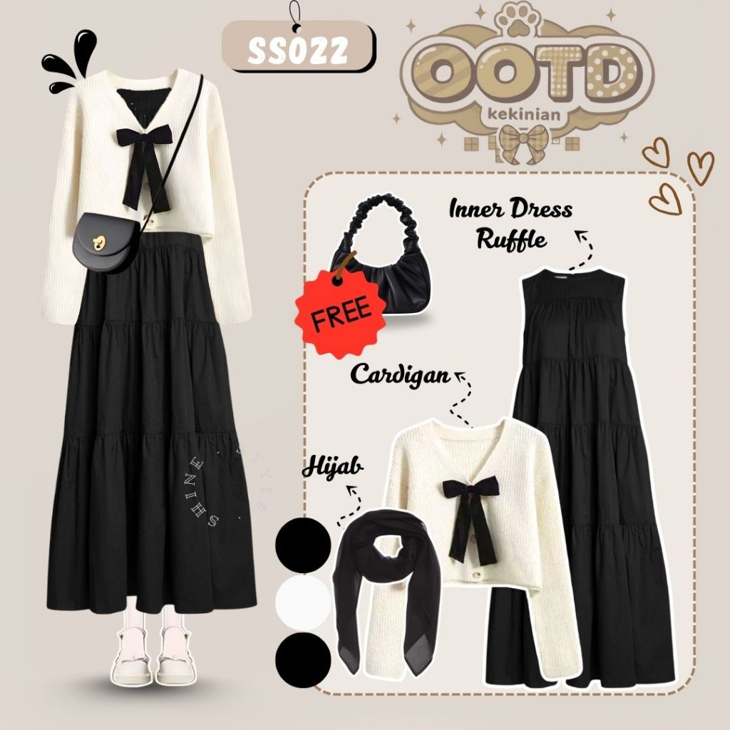 Outfit Korean Style 4n1 | Cardigan Rajut Pita Putih | Inner Dress Ruffle Hitam | Hijab Hitam | SS022