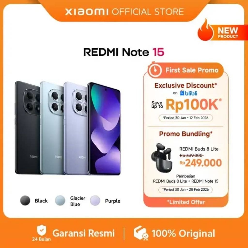 Xiaomi Redmi Note 15 RAM 8/128 GB - 8/256 GB Garansi Resmi Xiaomi Smartphone Berkualitas Tinggi