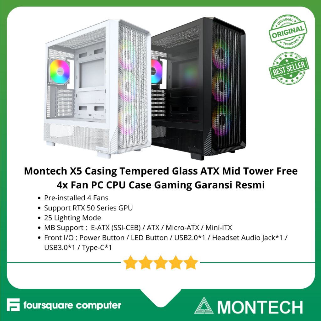 Montech X5 Casing Tempered Glass ATX Mid Tower Free 4x Fan PC CPU Case Gaming Garansi Resmi