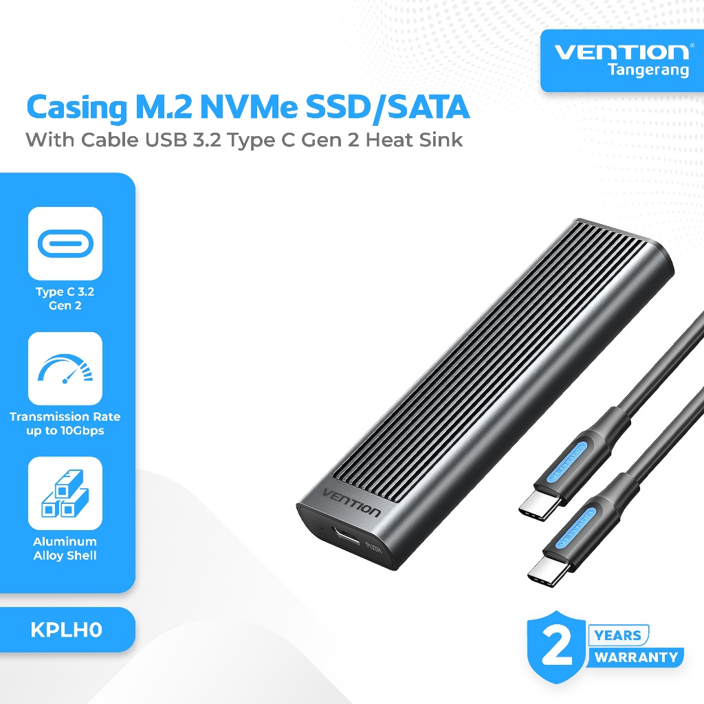 Vention Casing M.2 NVMe SSD/SATA Enclosure With Cable USB 3.2 Type C Gen 2 Heat Sink ABS Aluminum Al