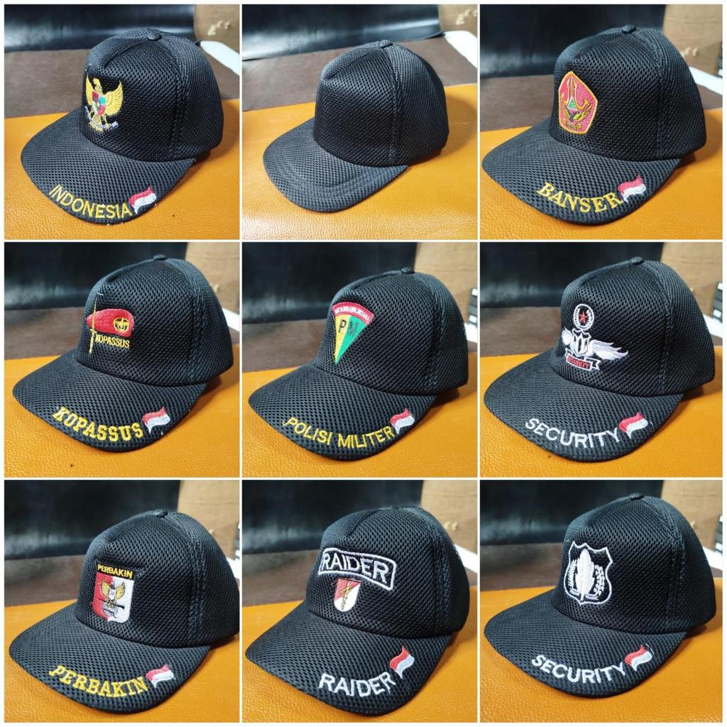 Topi Jaring DoubleMess Hitam Bordir Indonesia Security Satpam Raiders Sniper polisi militer kopassus
