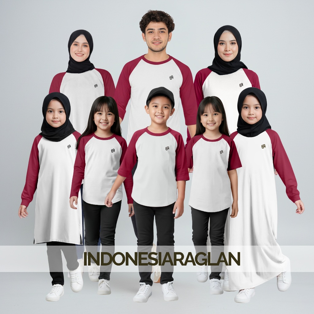 Indonesia Raglan Warna Putih - Marun Kaos Family Set Keluarga, Couple, Satuan Semua Model Oversize