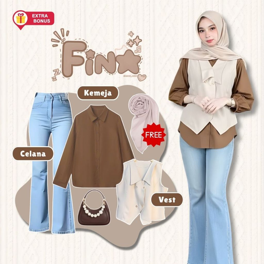 One Set 4in1 vest rompi kemeja basic celana cutbray jeans hightwaist hijab segi empat | outfit wanit