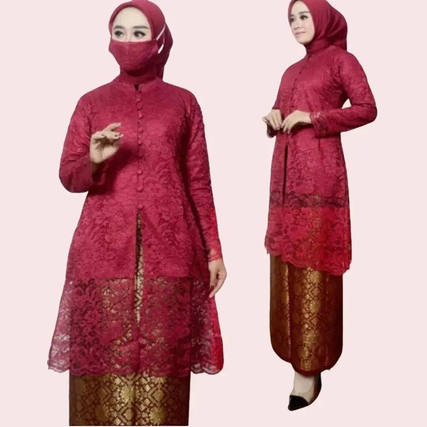 Setelan Kebaya Tunik Kancing Bahan Brokat Premium Full Puring Warna Maroon