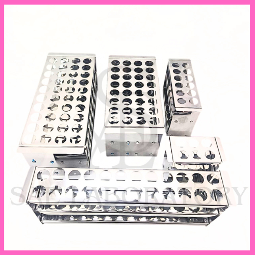 Rak Tabung Reaksi Stainless Steel Laboratorium – Test Tube Rack Anti Karat untuk Penyangga Tabung Re