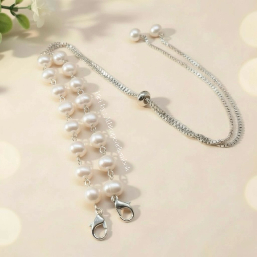 Aksesoris Perhiasan Konektor Connector Hijab Masker Rantai Serut Rhodium Lapis Emas 18 Karat Mutiara