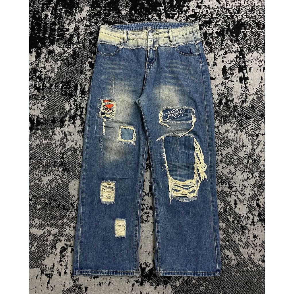 BAGGY REWORKED DISTRESSED JEANS DARK BLUE FADED