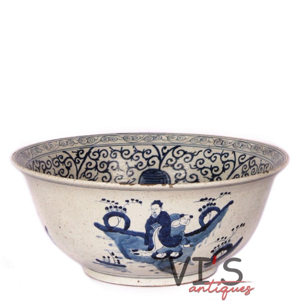 Mangkok Dynasti Ming Biru Putih Keramik Antik Kuno Cina Motif Orang