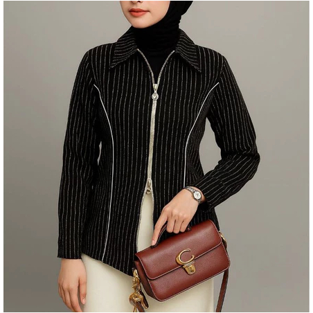DYFFA Zipper Shirt Salur Fitted Korea Katun Wanita