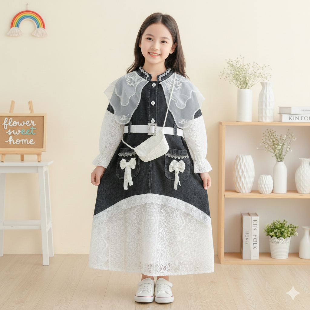 Khanza Gaun Jeans Snow Black Organza Farian Belt Putih untuk Anak Perempuan Usia 3-10 Tahun Baju Mus