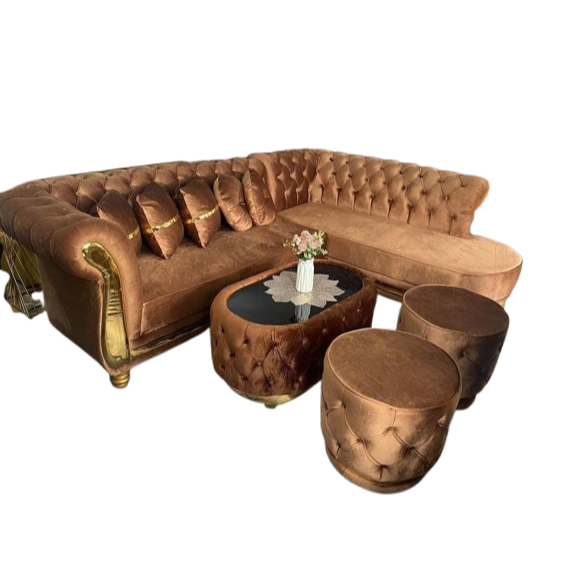 Sofa L Corner / Sofa Ruang Tamu / Sofa L Kancing + Puff Bulat 2 + Meja Tamu