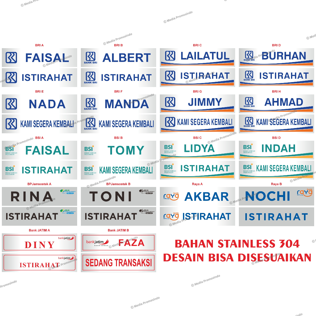 Papan Nama Meja Stainless 1 Plat 2 Sisi Tanpa Holder 20 cm BANK BRI BPJS BPJAMSOSTEK BANK JATIM BANK
