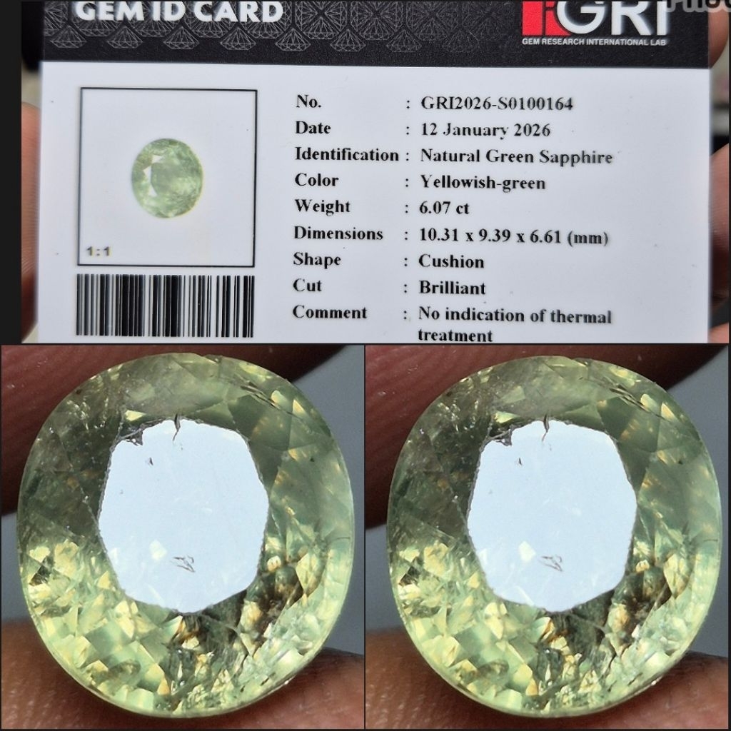 Natural Green Sapphire No Treatment 6.07 crt Top Kristal Memo GRI Lab