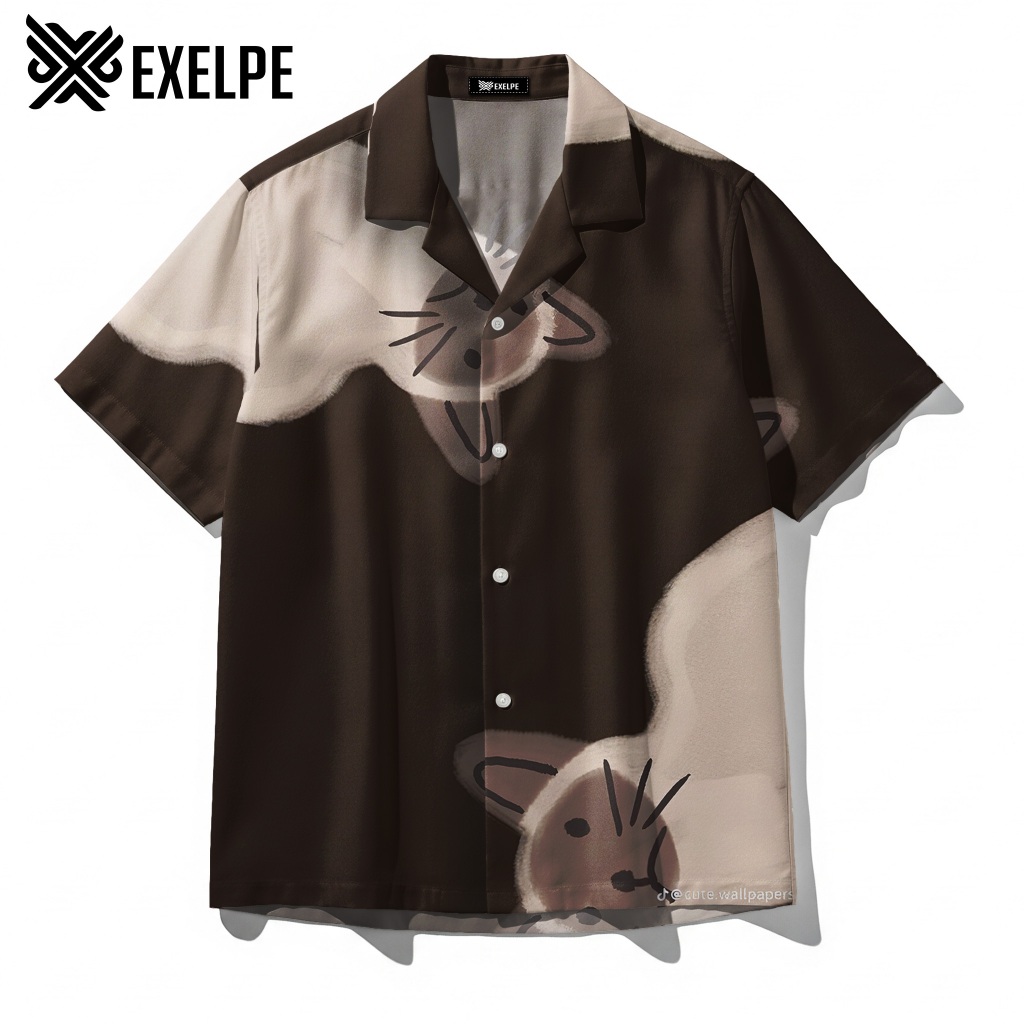EXELPE Kemeja Brown Siamese Cat Siamese Kitten Lengan Pendek Premium