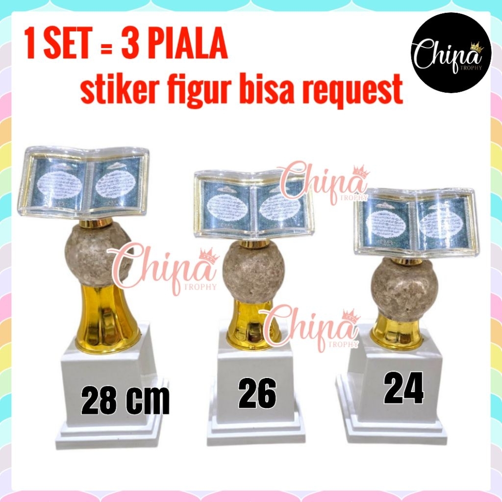 PIALA SET MARMER AL QURAN / TROPHY FIGUR QURAN / KEPALA BUKU BISA REQUEST GAMBAR STIKER / JUARA 123 