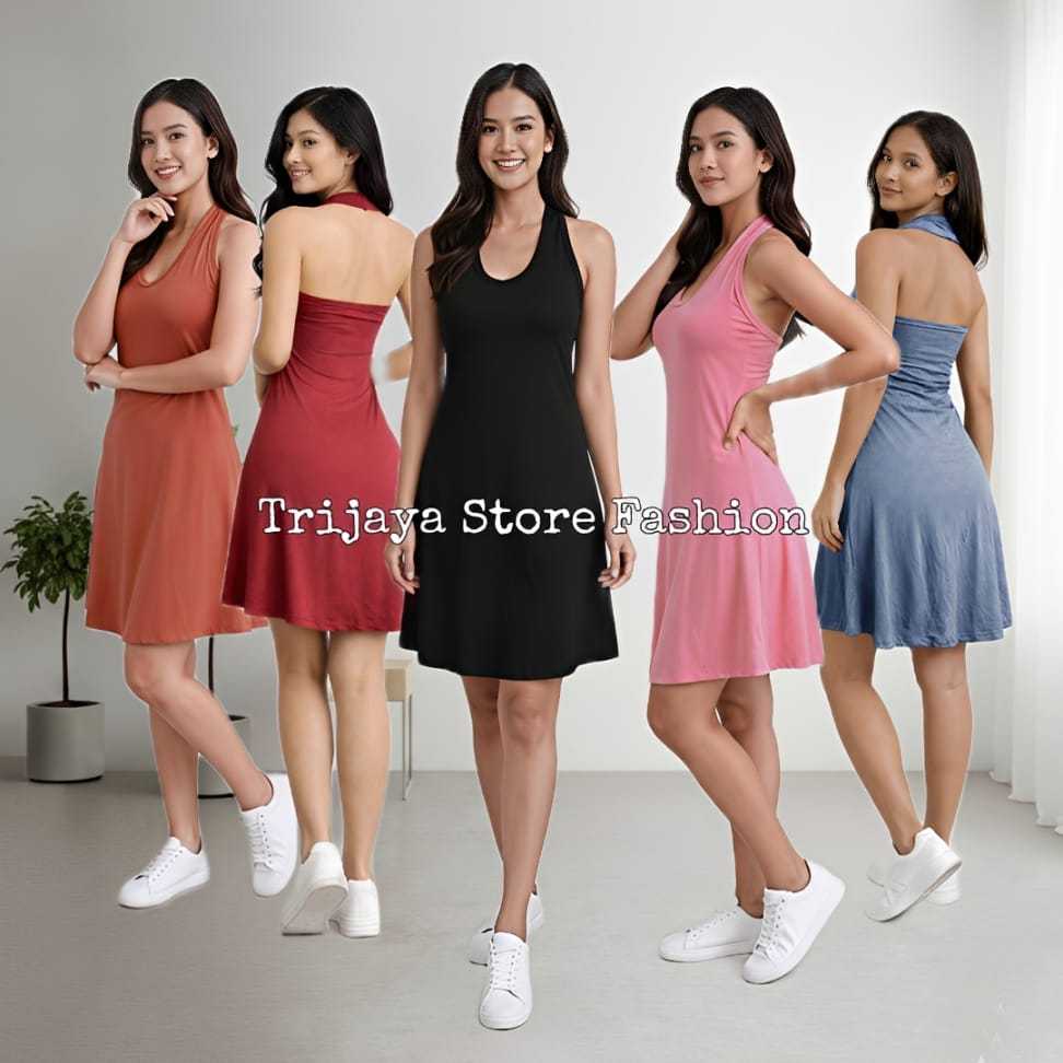 Trijaya . Davina Dress Mini Sexy Wanita Simple Spandek Jersey / Dress Halterneck Sexy Wanita Casual 