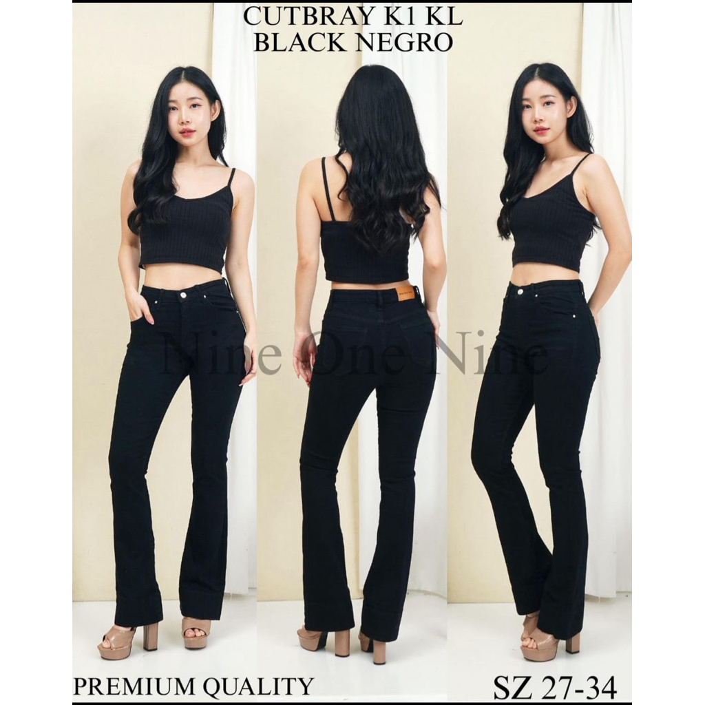 Celana Cutbray Hw Black Bahan Jeans Melar Nine One Jeans