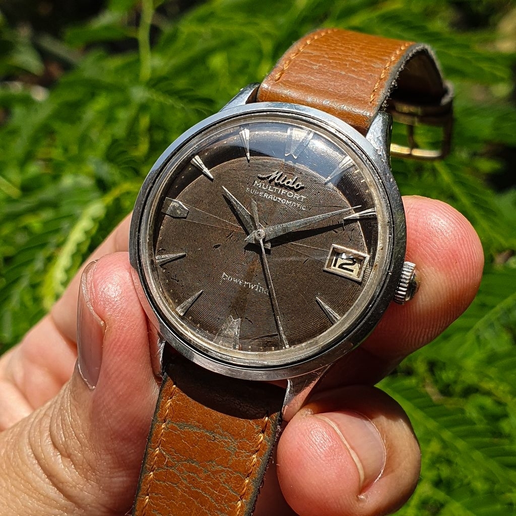 50s Vintage Mido Multifort Superautomatic Powerwind with date Black tropical Vinyl Groove Windmill d