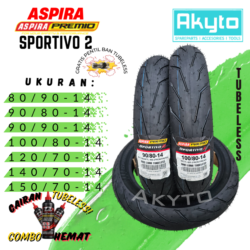 BAN ASPIRA PREMIO SPORTIVO 2 / BAN TUBELESS FREE PENTIL / BAN MOTOR DAILY / BAN RING 14 R14 / BAN VA