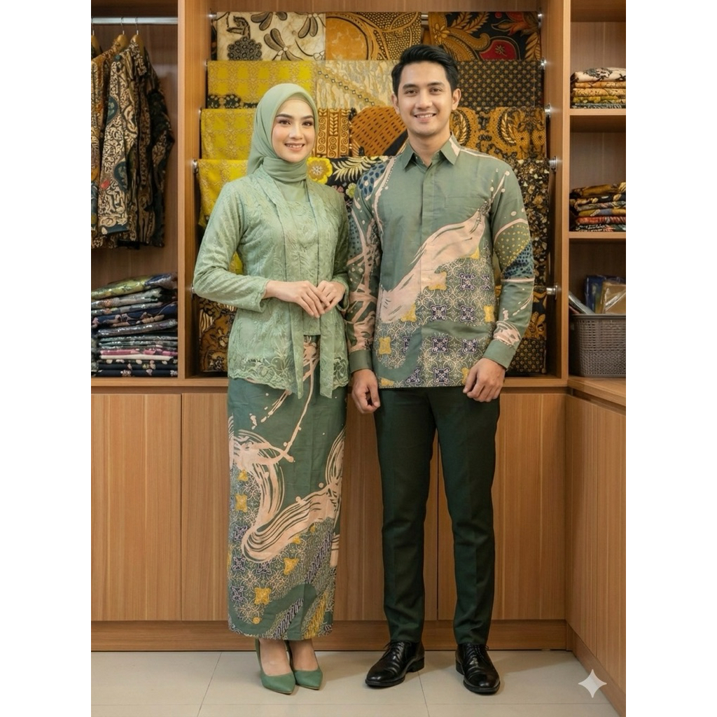 Kaystore Batik - Kemeja dan Rok Batik Couple Hijau Sage Abstrak