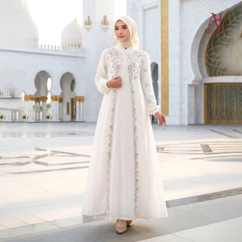 Ahzem Official - Gamis Putih Wanita Ceruti Renda Resleting Belakang Ukuran Jumbo Putih Tulang Dress 