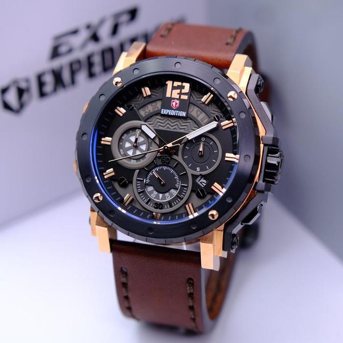 Jam Tangan Pria Expedition Chronograph E 6402 Black Rose Brown Leather Strap Watches