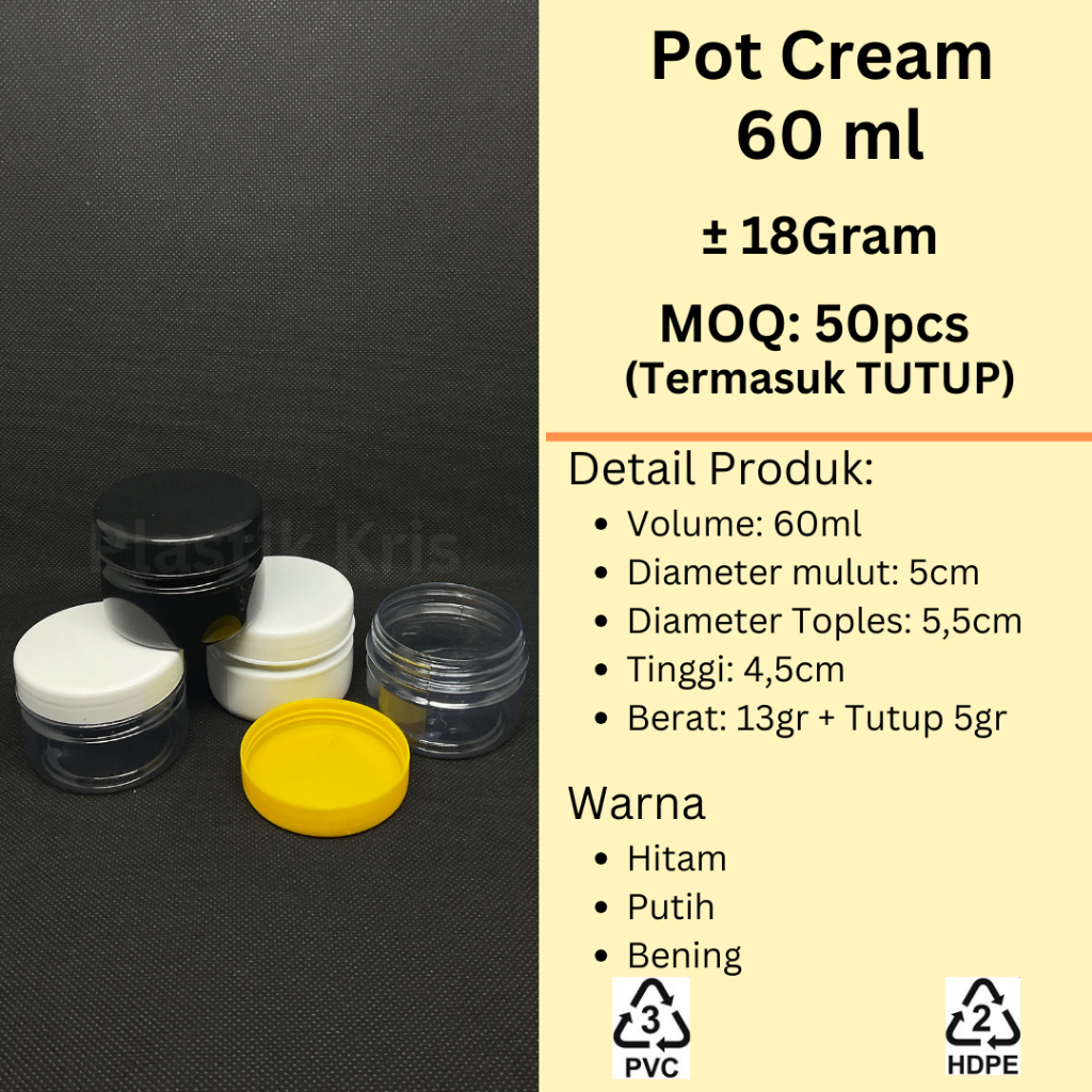 Pot Cream 60ml + Tutup | Jar Cream Plastik | Pot Kosmetik Skincare | Wadah Cream, Salep, Pomade, Bod